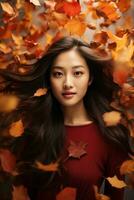 Foto von emotional dynamisch Pose asiatisch Frau im Herbst ai generativ