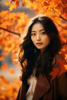 Foto von emotional dynamisch Pose asiatisch Frau im Herbst ai generativ