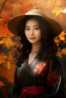 Foto von emotional dynamisch Pose asiatisch Frau im Herbst ai generativ