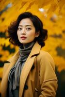 Foto von emotional dynamisch Pose asiatisch Frau im Herbst ai generativ