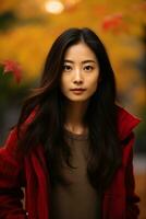 Foto von emotional dynamisch Pose asiatisch Frau im Herbst ai generativ