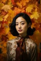 Foto von emotional dynamisch Pose asiatisch Frau im Herbst ai generativ