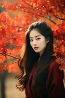 Foto von emotional dynamisch Pose asiatisch Frau im Herbst ai generativ