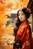 Foto von emotional dynamisch Pose asiatisch Frau im Herbst ai generativ