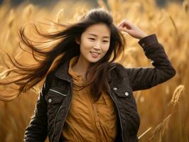 Foto von emotional dynamisch Pose asiatisch Frau im Herbst ai generativ