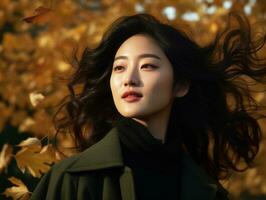 Foto von emotional dynamisch Pose asiatisch Frau im Herbst ai generativ
