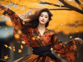 Foto von emotional dynamisch Pose asiatisch Frau im Herbst ai generativ