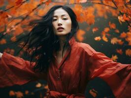 Foto von emotional dynamisch Pose asiatisch Frau im Herbst ai generativ