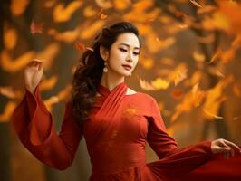 Foto von emotional dynamisch Pose asiatisch Frau im Herbst ai generativ