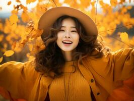 Foto von emotional dynamisch Pose asiatisch Frau im Herbst ai generativ