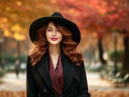 Foto von emotional dynamisch Pose asiatisch Frau im Herbst ai generativ