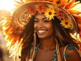 Foto von emotional dynamisch Pose Brasilianer Frau im Herbst ai generativ