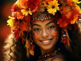 Foto von emotional dynamisch Pose Brasilianer Frau im Herbst ai generativ