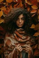 Foto von emotional dynamisch Pose Brasilianer Frau im Herbst ai generativ