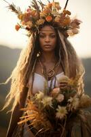 Foto von emotional dynamisch Pose Brasilianer Frau im Herbst ai generativ