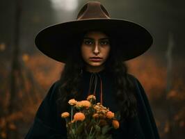 Foto von emotional dynamisch Pose Mexikaner Frau im Herbst ai generativ