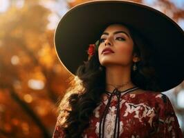 Foto von emotional dynamisch Pose Mexikaner Frau im Herbst ai generativ