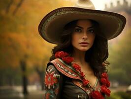 Foto von emotional dynamisch Pose Mexikaner Frau im Herbst ai generativ