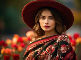 Foto von emotional dynamisch Pose Mexikaner Frau im Herbst ai generativ