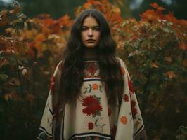 Foto von emotional dynamisch Pose Mexikaner Frau im Herbst ai generativ