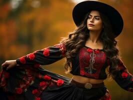 Foto von emotional dynamisch Pose Mexikaner Frau im Herbst ai generativ