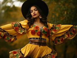 Foto von emotional dynamisch Pose Mexikaner Frau im Herbst ai generativ