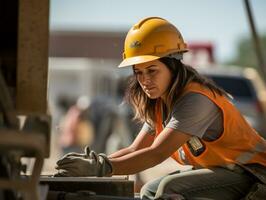 Foto Schuss von ein natürlich Frau Arbeiten wie ein Konstruktion Arbeiter ai generativ