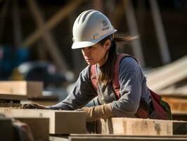Foto Schuss von ein natürlich Frau Arbeiten wie ein Konstruktion Arbeiter ai generativ