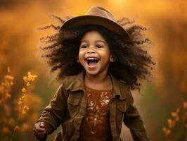 emotional dynamisch Pose Brasilianer Kind im Herbst ai generativ foto