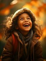 emotional dynamisch Pose Brasilianer Kind im Herbst ai generativ foto