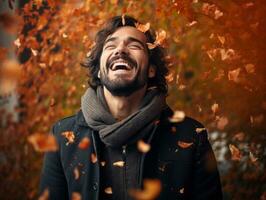 Foto von emotional dynamisch Pose Brasilianer Mann im Herbst ai generativ