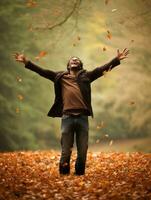 Foto von emotional dynamisch Pose Brasilianer Mann im Herbst ai generativ