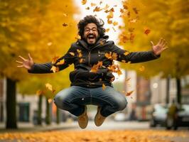 Foto von emotional dynamisch Pose Brasilianer Mann im Herbst ai generativ