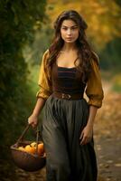 europäisch Frau im emotional dynamisch Pose auf Herbst Hintergrund ai generativ foto