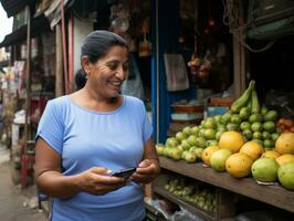 Frau von Kolumbien mit Smartphone zum online Kommunikation ai generativ foto