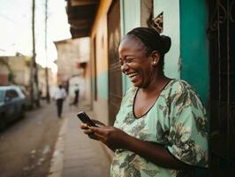 Frau von Kolumbien mit Smartphone zum online Kommunikation ai generativ foto