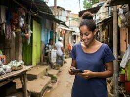 Frau von Kolumbien mit Smartphone zum online Kommunikation ai generativ foto