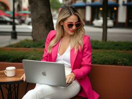 Frau von Kolumbien Arbeiten auf ein Laptop im ein beschwingt städtisch Rahmen ai generativ foto