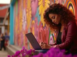 Frau von Kolumbien Arbeiten auf ein Laptop im ein beschwingt städtisch Rahmen ai generativ foto