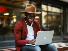 kolumbianisch Mann Arbeiten auf ein Laptop im ein beschwingt städtisch Rahmen ai generativ foto