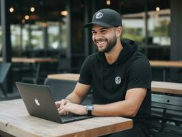 kolumbianisch Mann Arbeiten auf ein Laptop im ein beschwingt städtisch Rahmen ai generativ foto