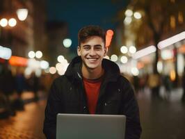 kolumbianisch Teenager Arbeiten auf ein Laptop im ein beschwingt städtisch Rahmen ai generativ foto