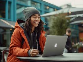 kolumbianisch Teenager Arbeiten auf ein Laptop im ein beschwingt städtisch Rahmen ai generativ foto