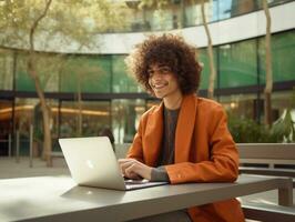 kolumbianisch Teenager Arbeiten auf ein Laptop im ein beschwingt städtisch Rahmen ai generativ foto