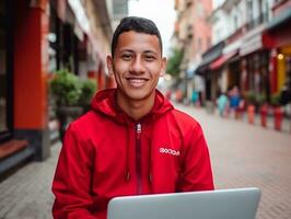 kolumbianisch Teenager Arbeiten auf ein Laptop im ein beschwingt städtisch Rahmen ai generativ foto