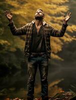 europäisch Mann im emotional dynamisch Pose auf Herbst Hintergrund ai generativ foto