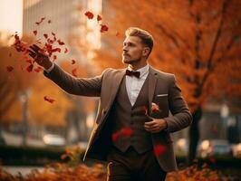 europäisch Mann im emotional dynamisch Pose auf Herbst Hintergrund ai generativ foto