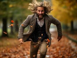 europäisch Mann im emotional dynamisch Pose auf Herbst Hintergrund ai generativ foto