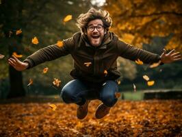 europäisch Mann im emotional dynamisch Pose auf Herbst Hintergrund ai generativ foto