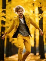 europäisch Mann im emotional dynamisch Pose auf Herbst Hintergrund ai generativ foto